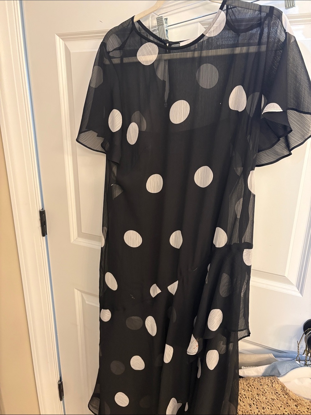 LOFT Black Sheer Midi Dress with White Polka Dots
